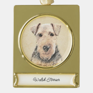 Welsh Terrier Painting - Cute Original Dog Art Gol Gold Plated Banner Ornament