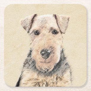 Welsh Terrier Painting - Cute Original Dog Art Square Paper Coaster