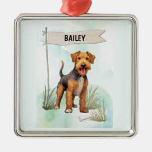 Welsh Terrier Watercolor Personalised Dog Metal Tree Decoration