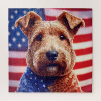 Welsh Terrier With American Flag And Bandanna Jigsaw Puzzle