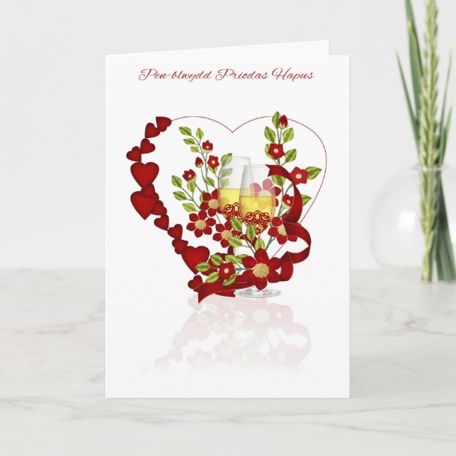 Welsh Wedding Anniversary With Champagne Flowers Card (Front)