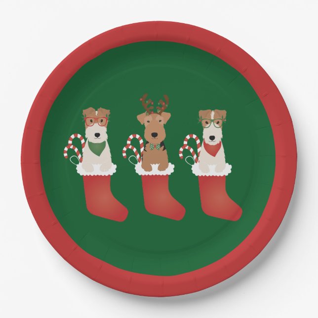 Welsh Wire Fox Terrier Dogs Christmas Paper Plate (Front)