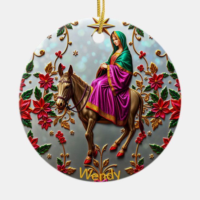 WENDY ~ Mary on the Donkey ~  Ceramic Tree Decoration (Front)