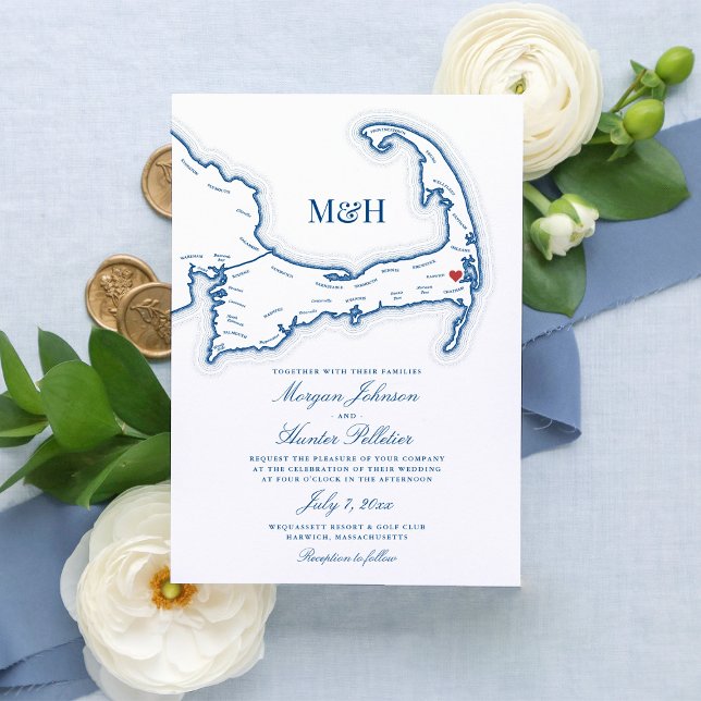 Wequassett Resort Harwich Cape Cod Wedding Invitation (Elegant Wequassett Resort and Golf Club wedding invitation featuring a map of Cape Cod)