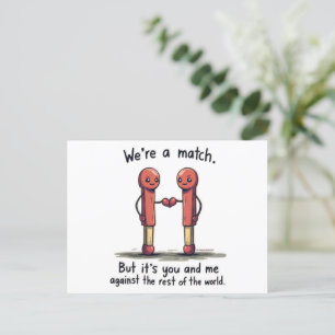 We're a Match: Cute Matchstick Love Pun Postcard