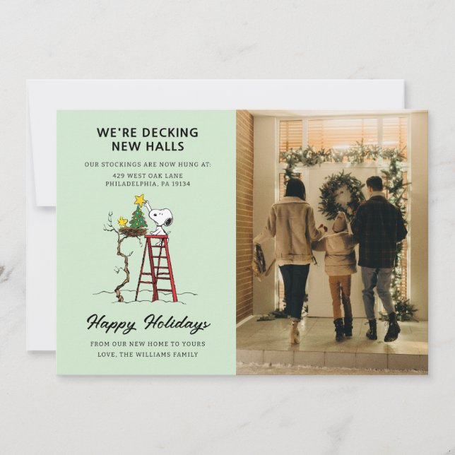 We're Decking New Halls | Snoopy We've Moved Holiday Card (Front)