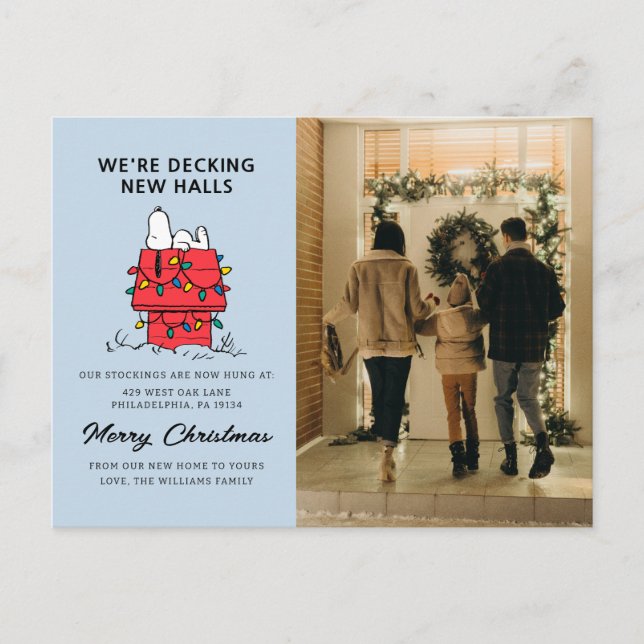 We're Decking New Halls | Snoopy We've Moved Holiday Postcard (Front)