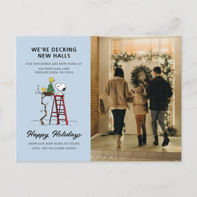 We're Decking New Halls | Snoopy We've Moved Holiday Postcard (Front)