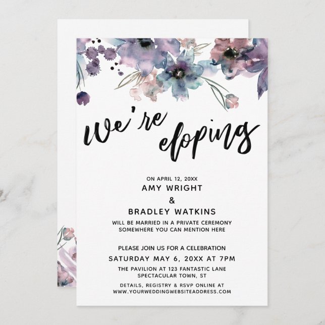 We're Eloping Casual Handwriting Watercolor Floral Invitation (Front/Back)