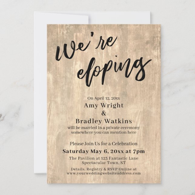 We're Eloping Handwriting Typography on Pale Wood Invitation (Front)