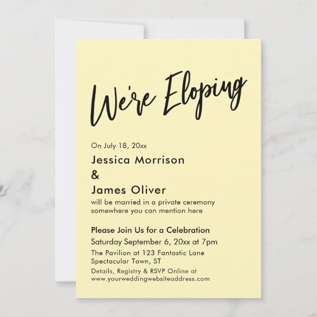 We're Eloping Minimal Handwriting Pale Yellow Invitation (Front)