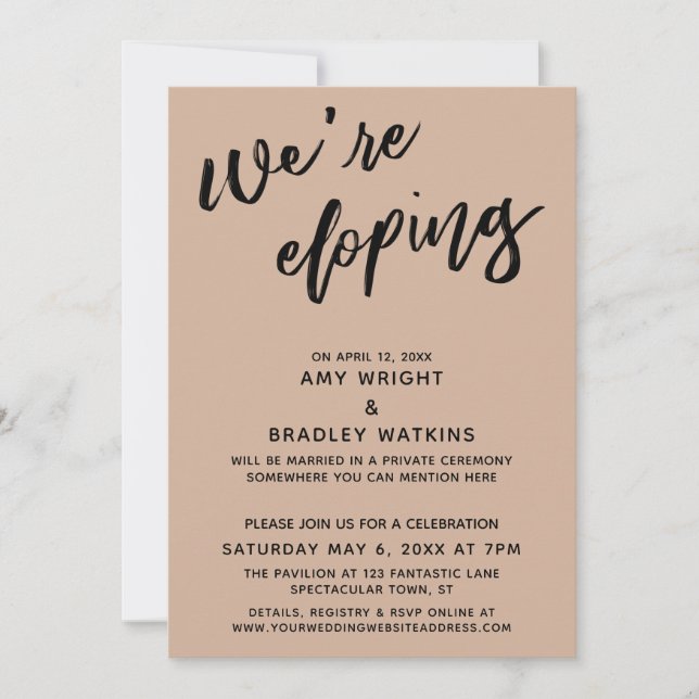 We're Eloping Modern Handwriting Toasted Almond Invitation (Front)
