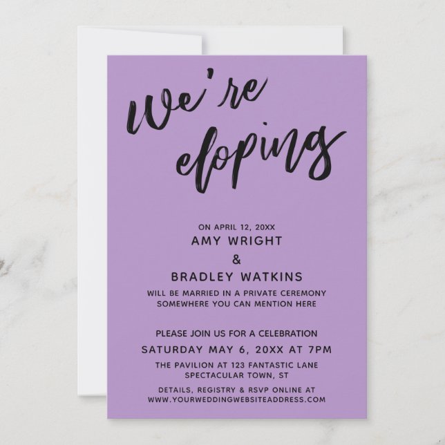 We're Eloping Modern Handwriting Typography Purple Invitation (Front)