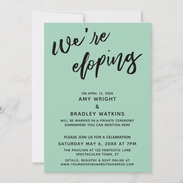 We're Eloping Simple Modern Handwriting Green Invitation (Front)