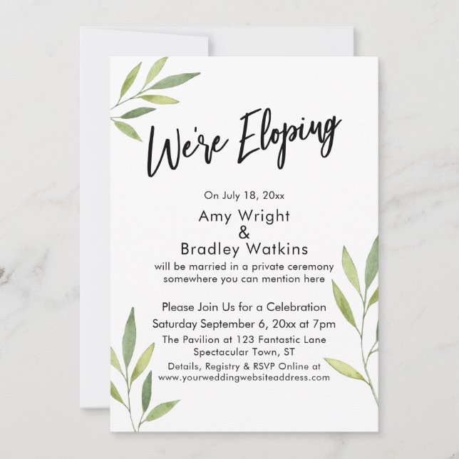 We're Eloping Typography, Green Watercolor Foliage Invitation (Front)