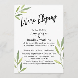 We're Eloping Typography, Green Watercolor Foliage Invitation
