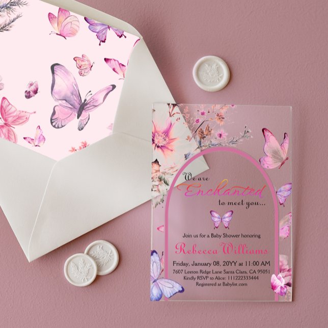 We're Enchanted To Meet Pink Butterfly Baby Shower Acrylic Invitations (Creator Uploaded)