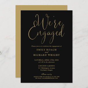 We're Engaged Black And Gold Engagement Party Invitation