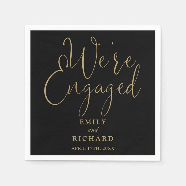 We're Engaged Black And Gold Engagement Party  Napkin (Front)