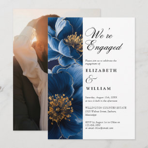 We're Engaged Blue Floral Engagement Party Photo Invitation