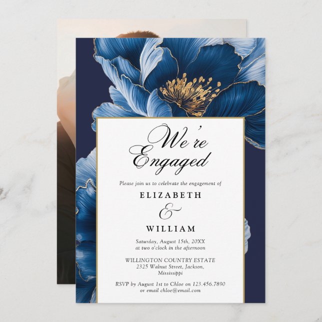 We're Engaged Blue Floral Engagement Party Photo Invitation (Front/Back)