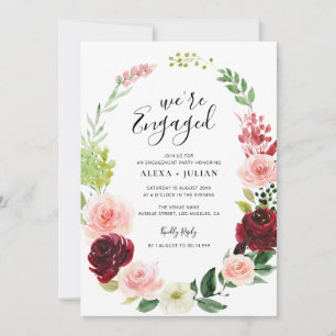 we're engaged burgundy floral engagement party invitation
