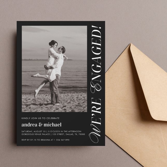 We're Engaged Chic Modern Engagement Photo Black Invitation (Creator Uploaded)