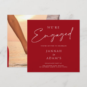 We're Engaged Crimson Red Photo Engagement Party Invitation