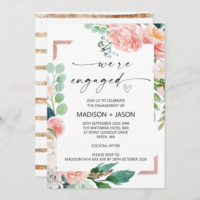 We're Engaged Engagement Party Pink Floral Invitation (Front/Back)