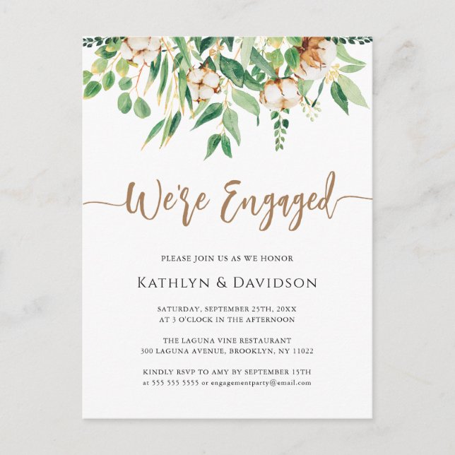 We're Engaged Eucalyptus Floral Simple Engagement  Invitation Postcard (Front)