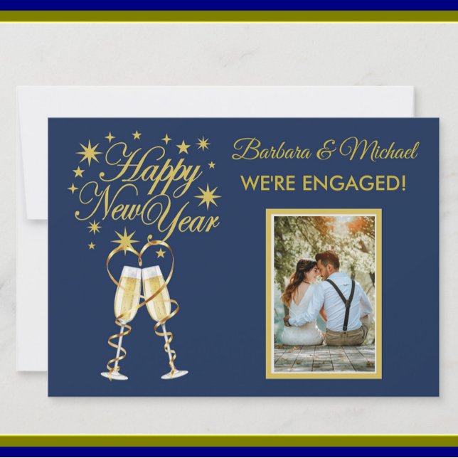 We're Engaged Happy New Year Gold Blue Photo Invitation (Creator Uploaded)