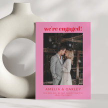 We're Engaged Modern Bright Pink Red Couple Photo