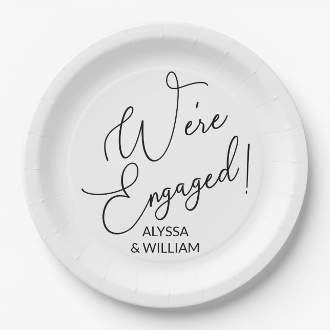 We're Engaged Modern Script Font Paper Plate (Front)