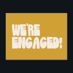 We're Engaged Retro Groovy Modern Yellow Budget Postcard<br><div class="desc">Spread the love with this fun and stylish "We're Engaged" announcement postcard featuring retro groovy white lettering on a bold modern yellow background. Perfect for couples who want a playful and vibrant way to share their exciting news, this design combines vintage-inspired typography with a sleek contemporary flair. Printed on a...</div>