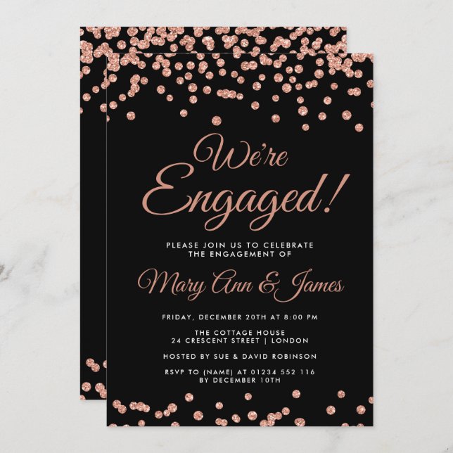 We're Engaged! Rose Gold Glitter Confetti Black Invitation (Front/Back)