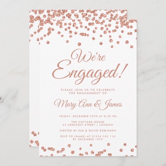 We're Engaged! Rose Gold Glitter Confetti White Invitation (Front/Back)