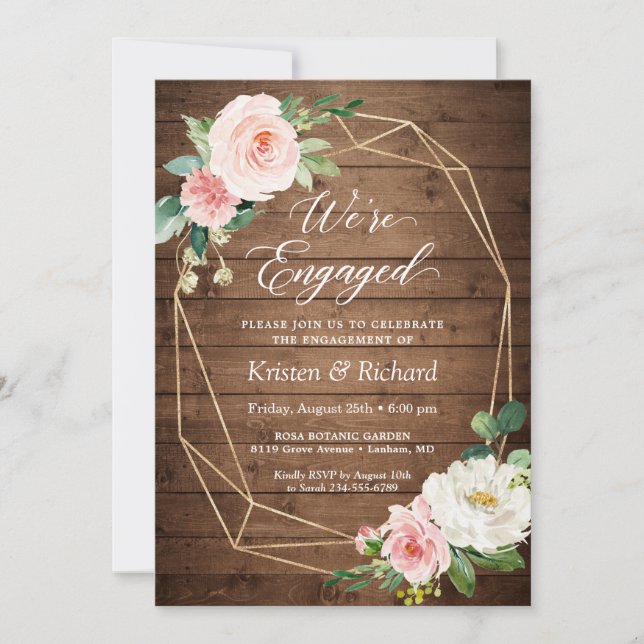 We're Engaged Rustic Wood Blush Floral Engagement Announcement (Front)