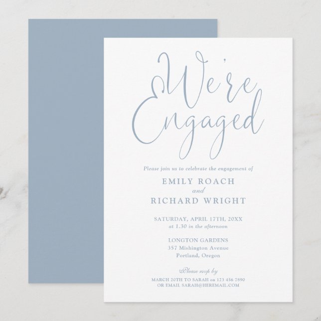 We're Engaged Script Dusty Blue Engagement Party Invitation (Front/Back)