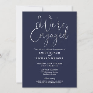 We're Engaged Script Navy Blue Engagement Party Invitation