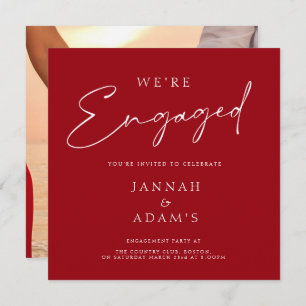 We're Engaged Simple Photo Crimson Red Engagement Invitation