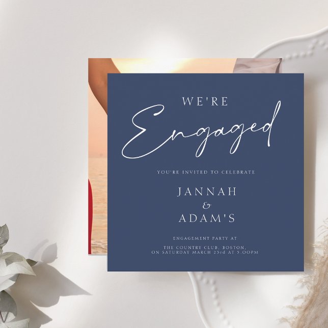 We're Engaged Simple Photo Navy Blue Engagement Invitation (Creator Uploaded)