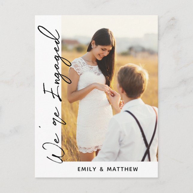 We're Engaged Simple Script Photo Engagement Party Postcard (Front)
