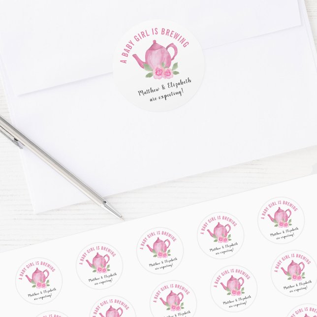 We're Expecting A Baby Girl is Brewing Pink Teapot Classic Round Sticker (Creator Uploaded)