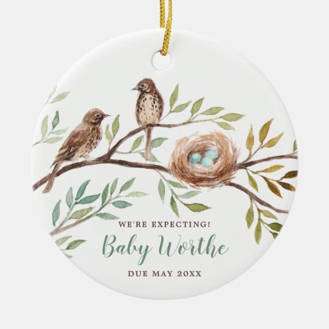 We're Expecting Bird Family Pregnancy Announcement Ceramic Tree Decoration (Front)