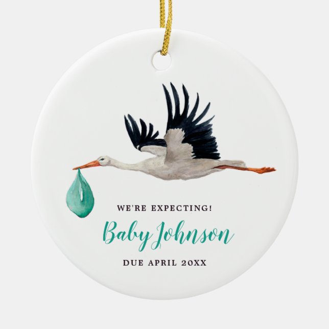 We're Expecting! Gender Neutral Stork Announcement Ceramic Tree Decoration (Front)