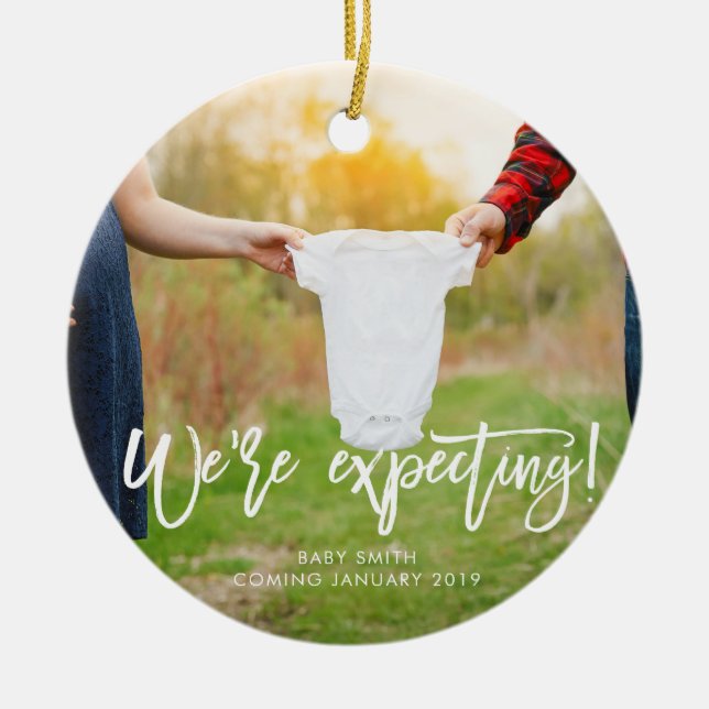 We're Expecting Pregnancy Announcement Ceramic Tree Decoration (Front)