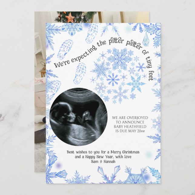 We're Expecting Tiny Santa Feet Snowflakes 2 Photo Announcement (Front/Back)