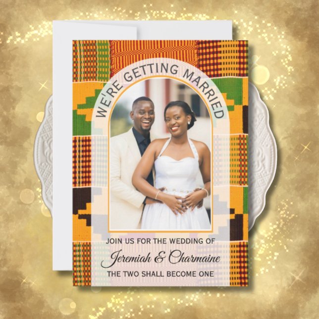 WE'RE GETTING MARRIED Ghanaian Kente WEDDING  Invitation (Kente wedding invitation with arch photo template and QR code.)