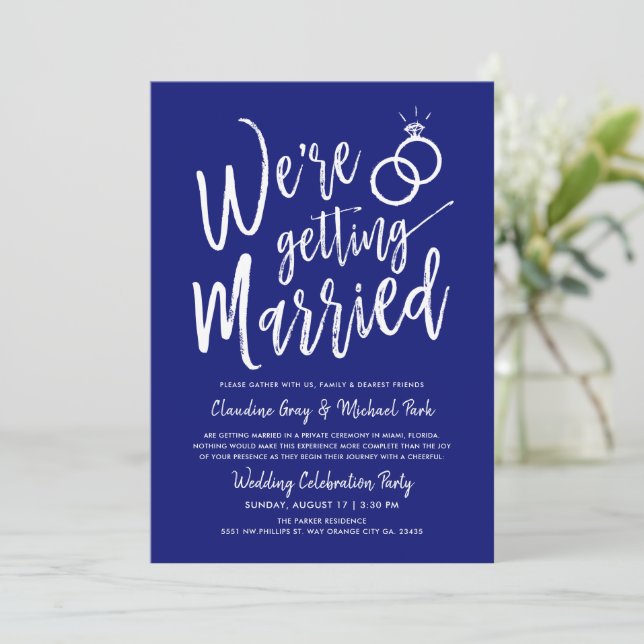 We're Getting Married Post-Wedding Navy Blue Invit Invitation (Standing Front)