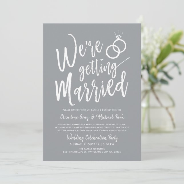 We're Getting Married Post-Wedding Pewter Grey Invitation (Standing Front)
